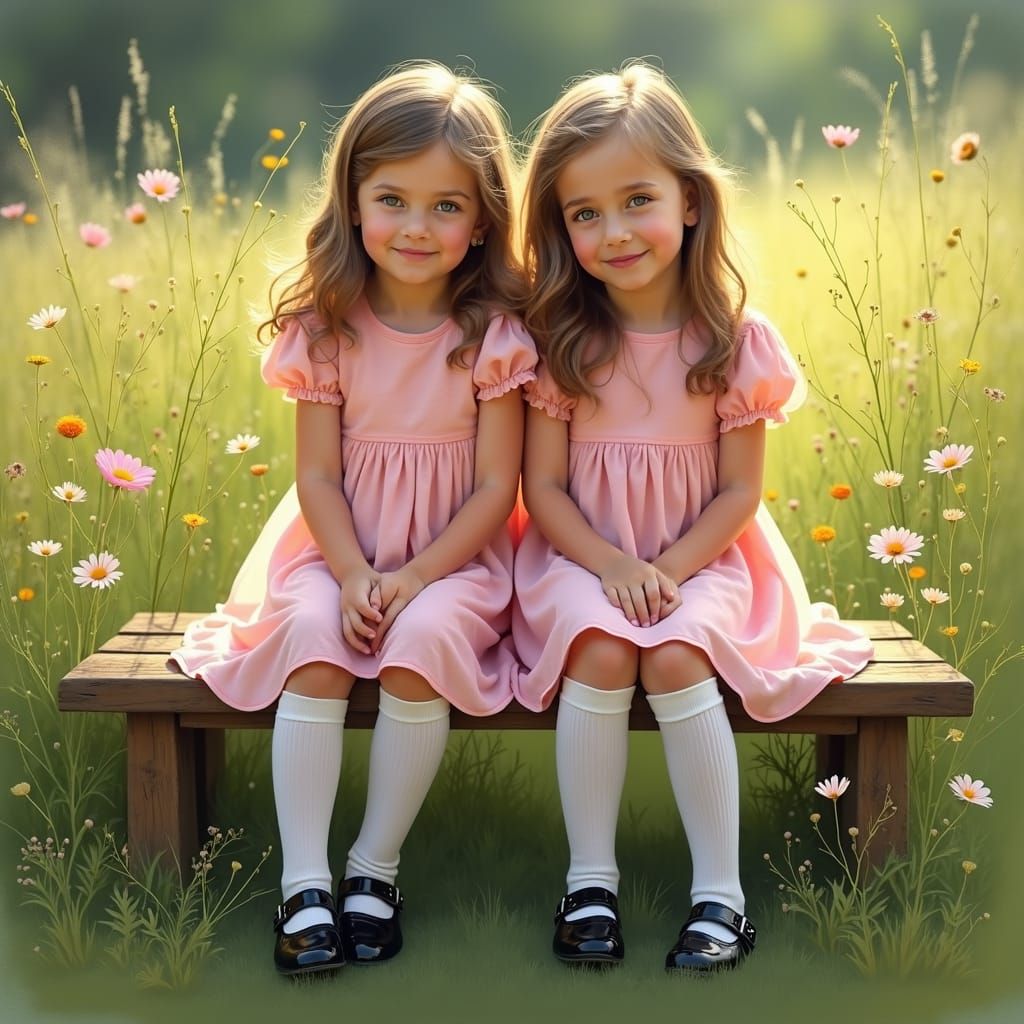 Twin Sisters in a Meadow, Impressionistic Style