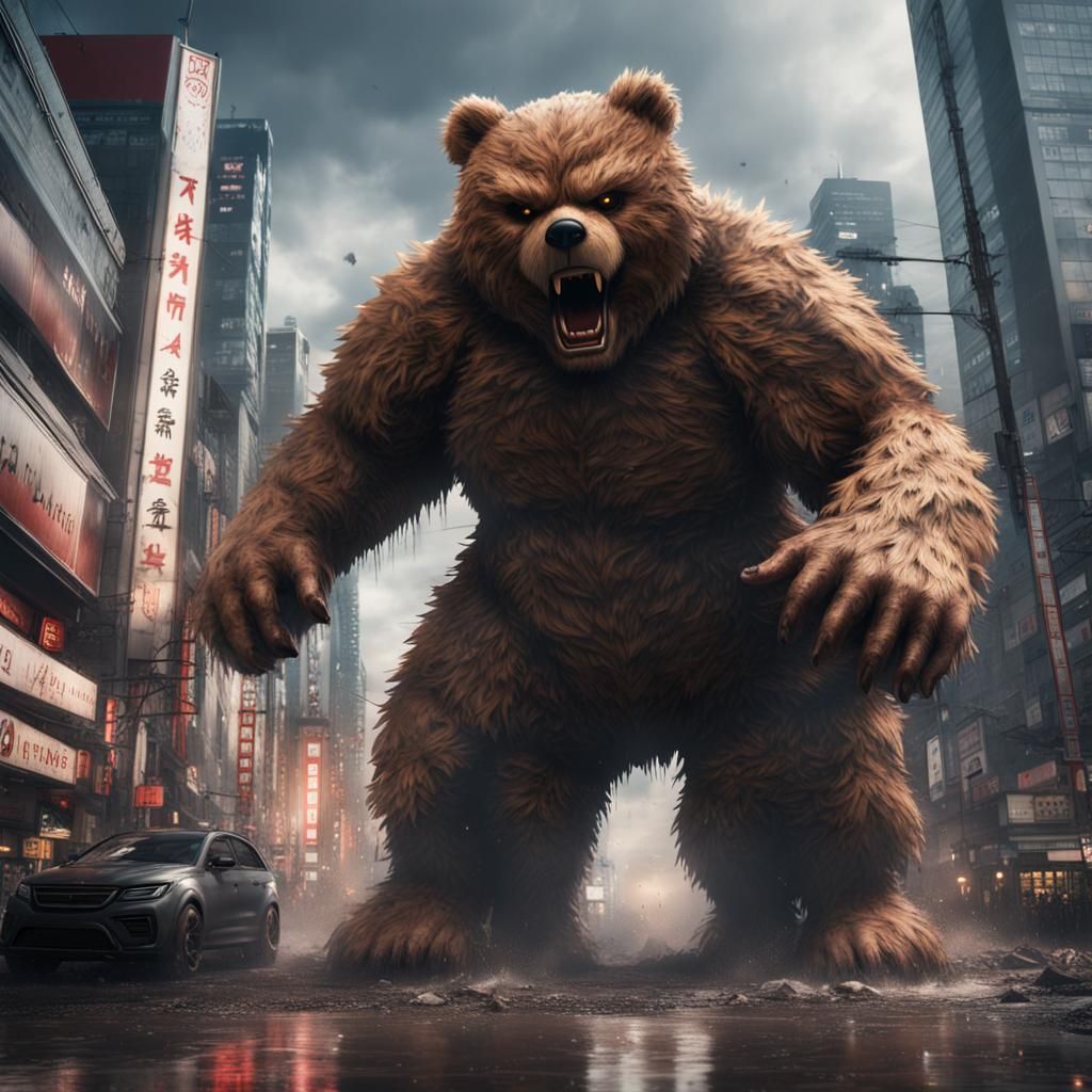 Giant angry teddy bear tearing up downtown Tokyo in a monster movie