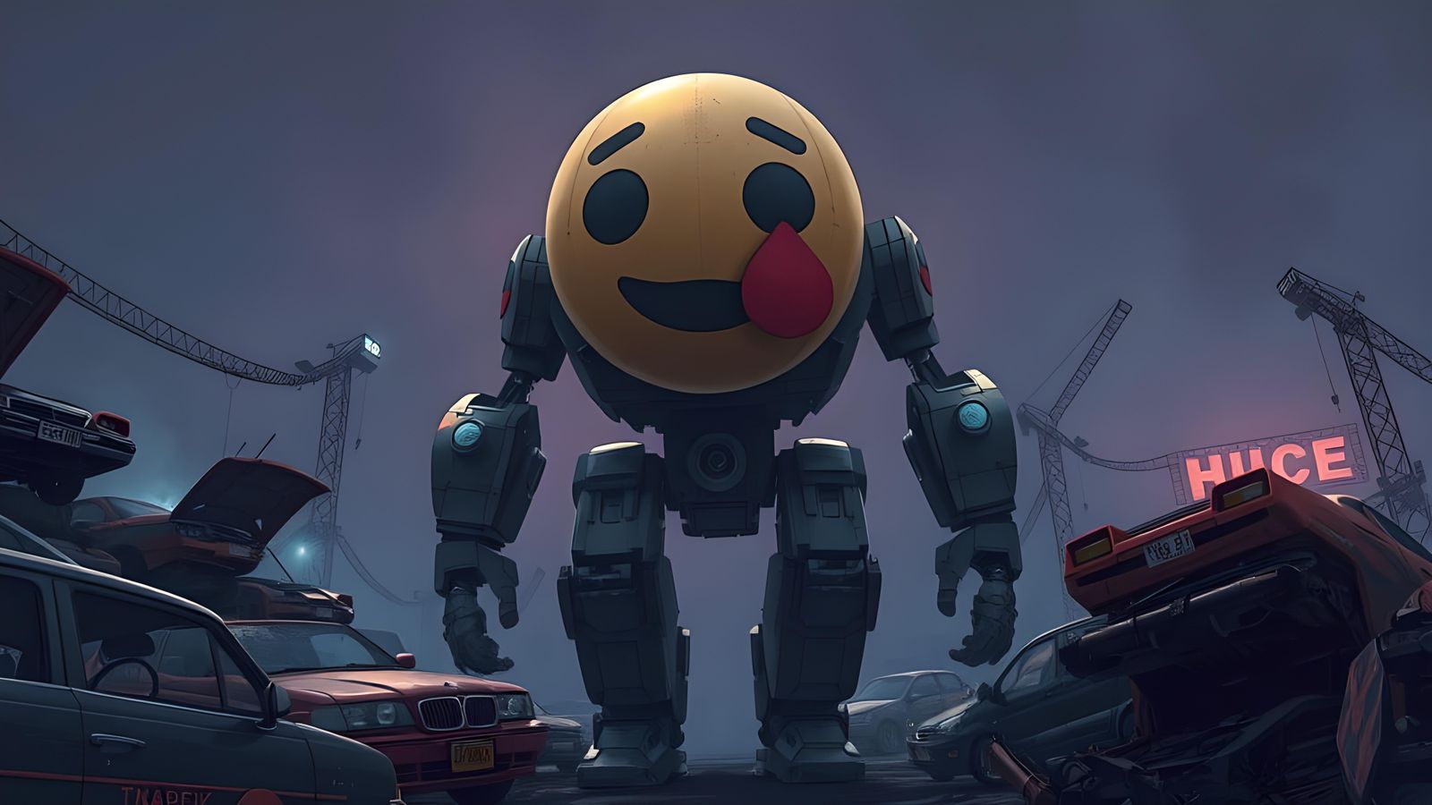 Giant Emoji Robot in Dystopian Wasteland