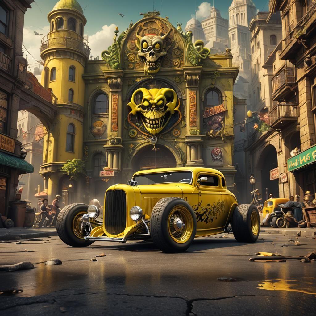 Yellow 1932 Ford Coupe with Rat Fink Art