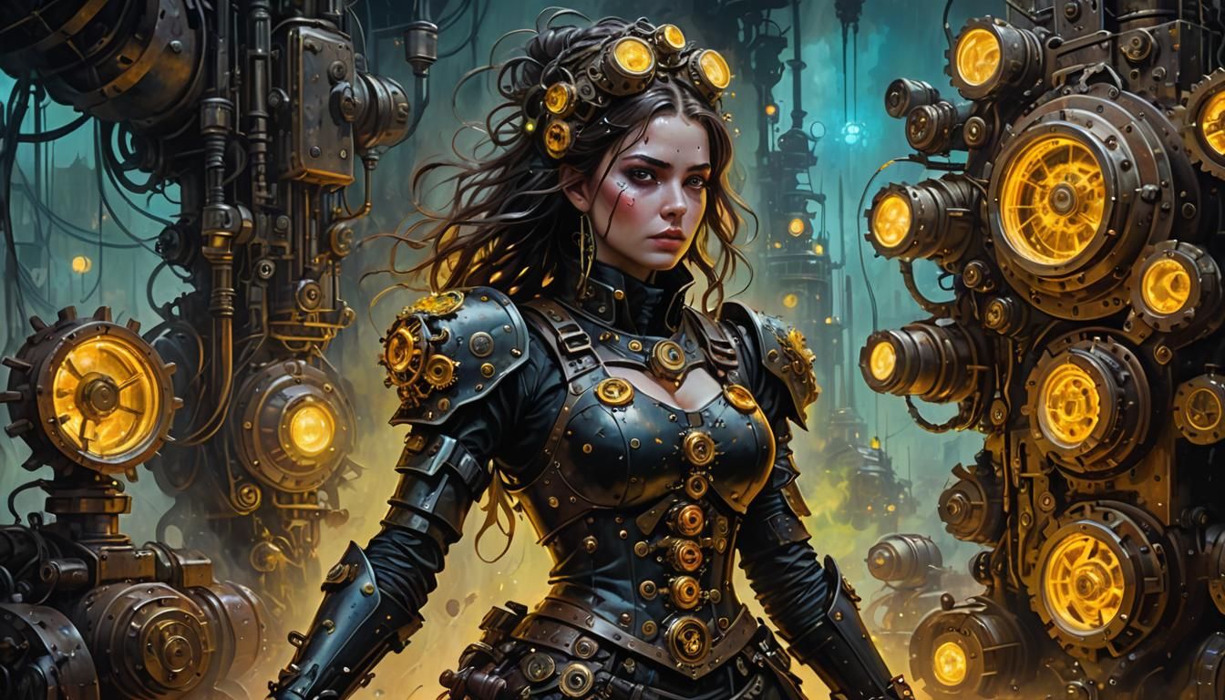 Steampunk Girl in Armor with Nuclear Flowers