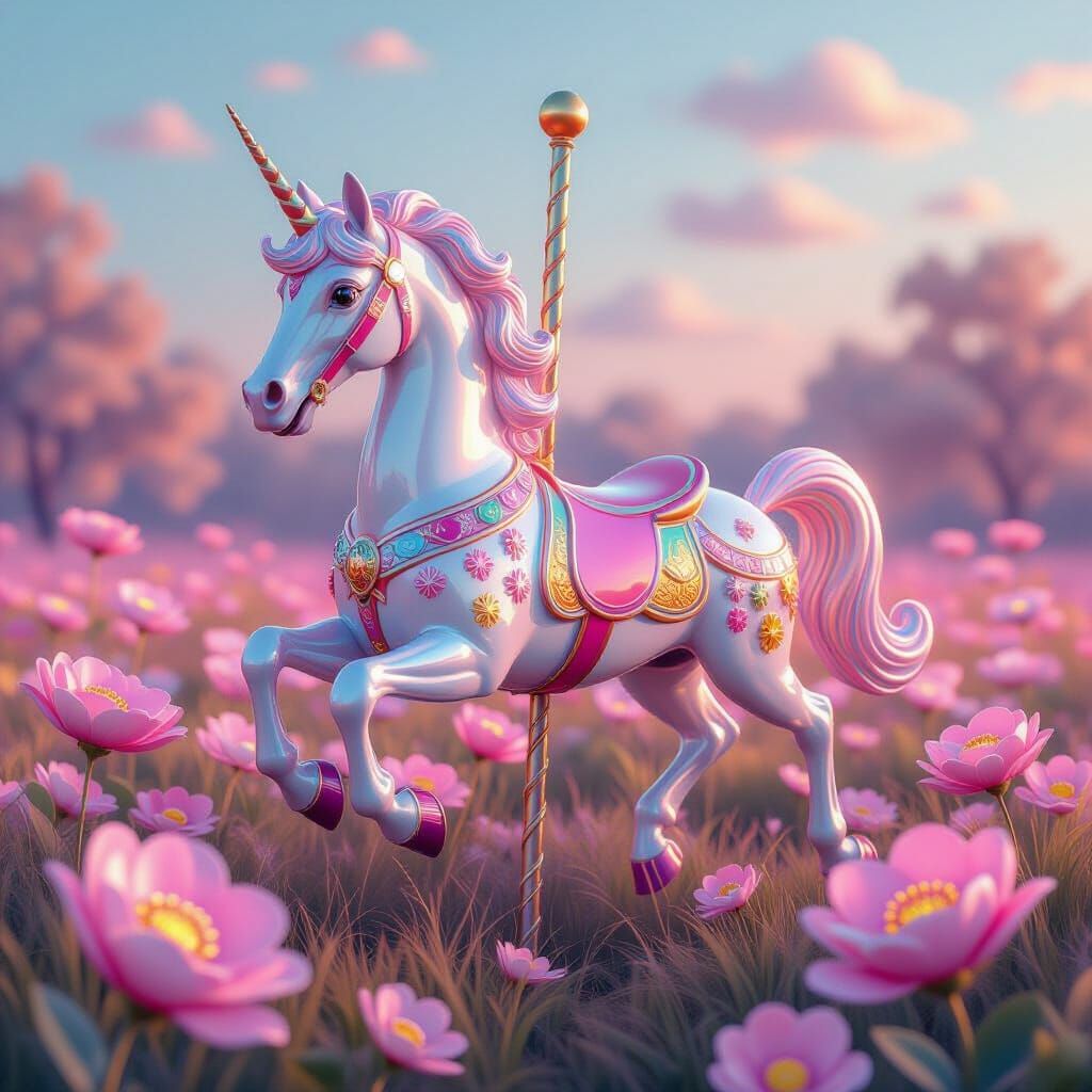 Whimsical Glass Carousel Horse Amidst Candy Flowers