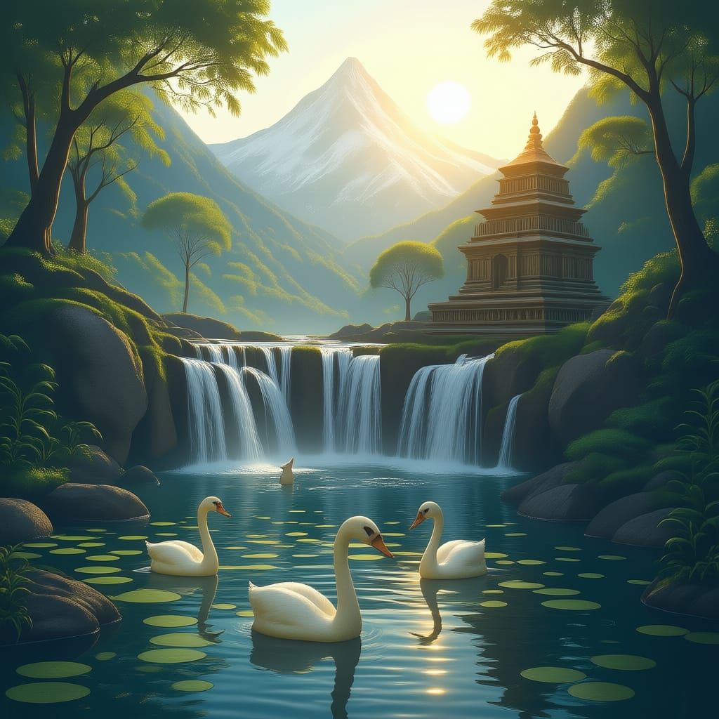 Lush Waterfall Temple Scene in Digital Art