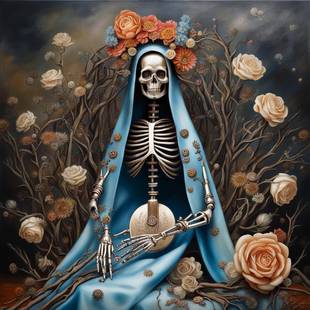 Silver Guadalupe Skeleton in Steampunk Oil Painting
