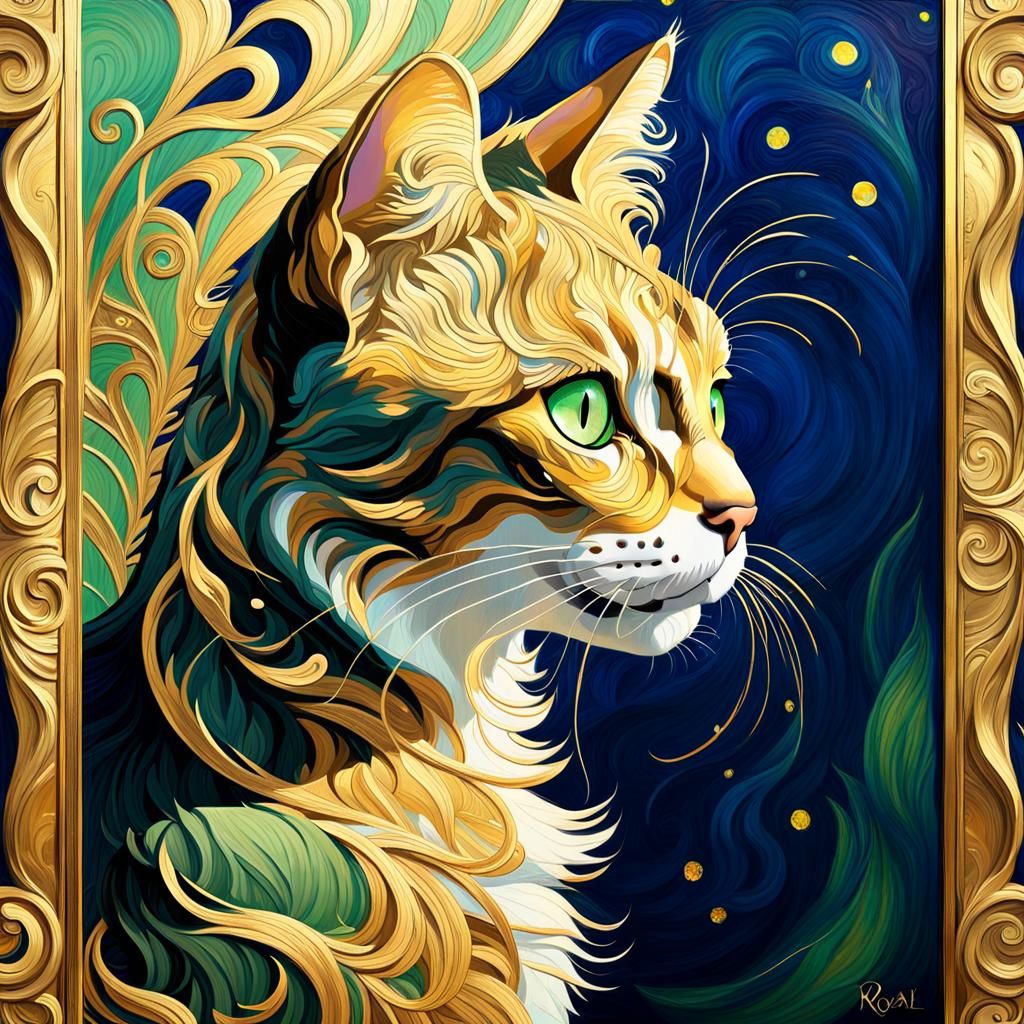 Art Nouveau Cat Portrait with Golden Frame