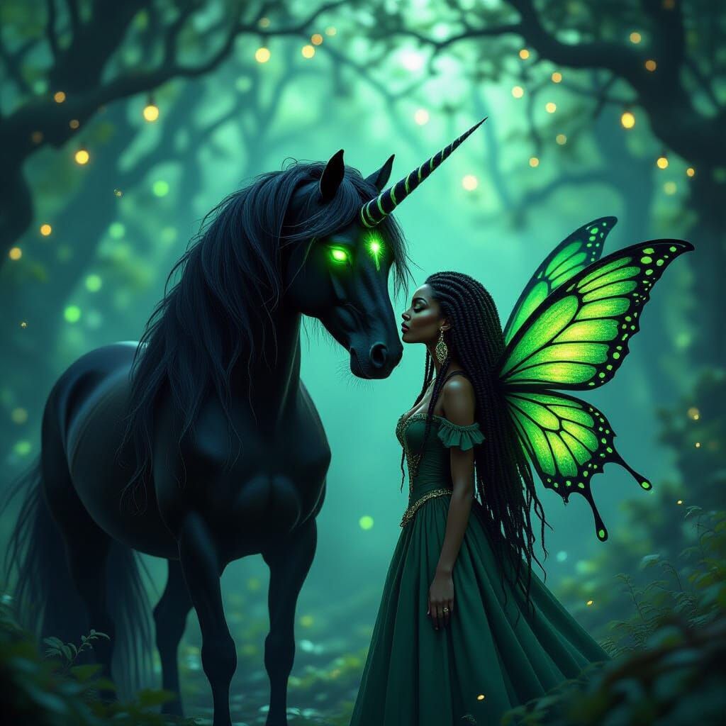 Evil Black Unicorn Kissed By Fairy in Enchanted Forest