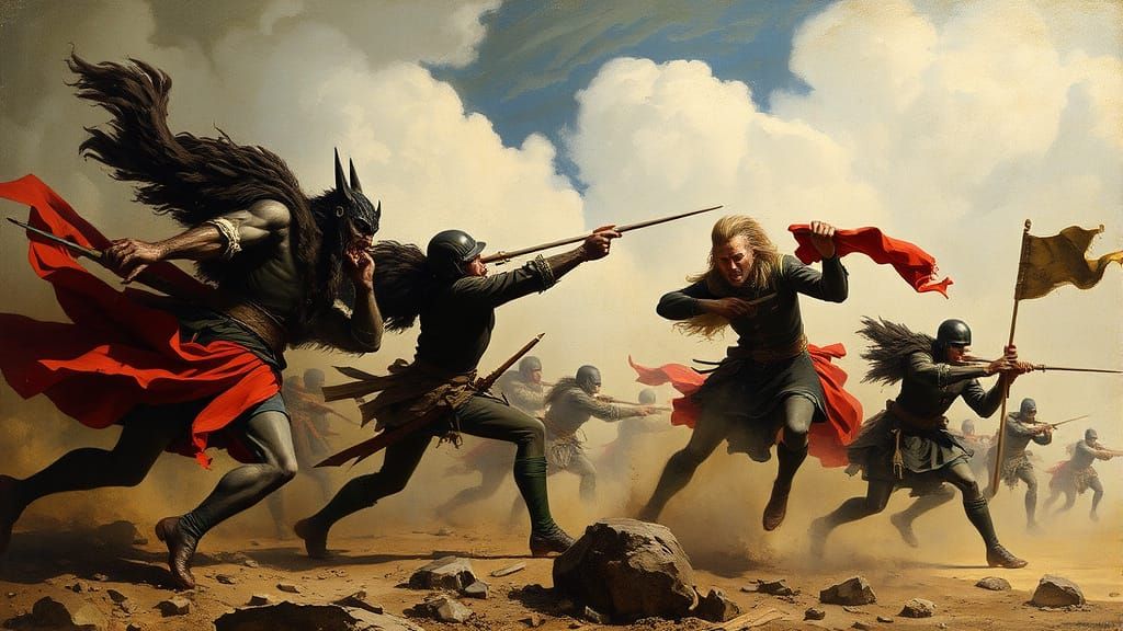 Surreal Battle Scene in Dark Romantic Style