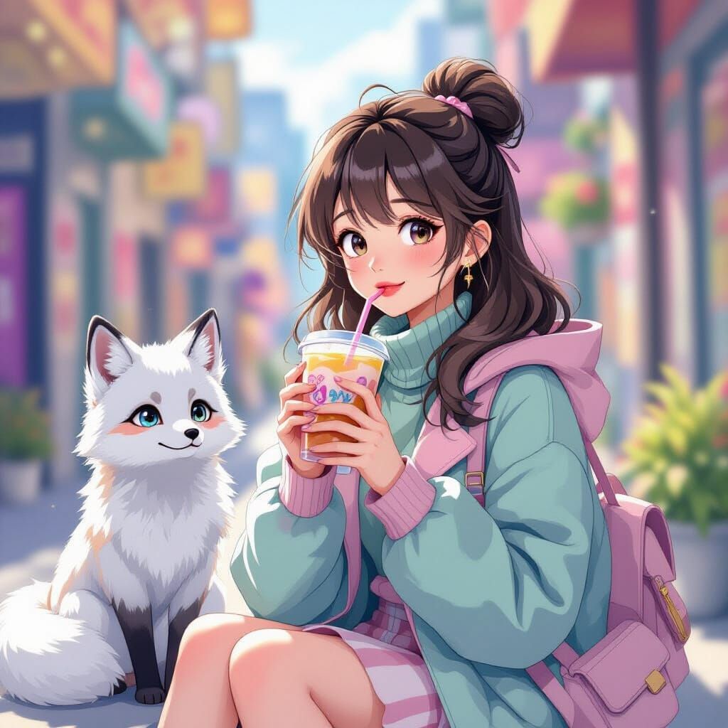 Woman with Arctic Fox Drinks Bubble Tea in City