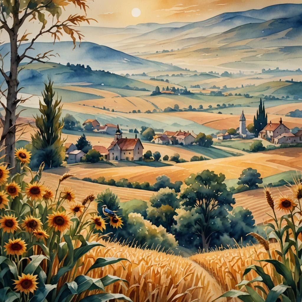 Watercolor Rural Landscape with Hoopoe Bird