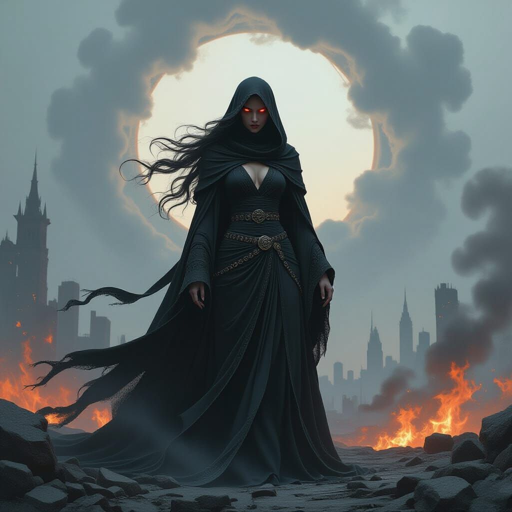 Goddess of Annihilation in Ruined Cityscape