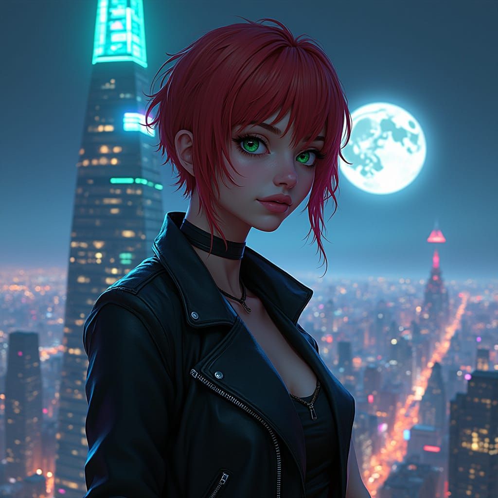 A cyberpunk woman with short, spiky auburn hair and emerald green eyes, wearing a sleek black leather jacket