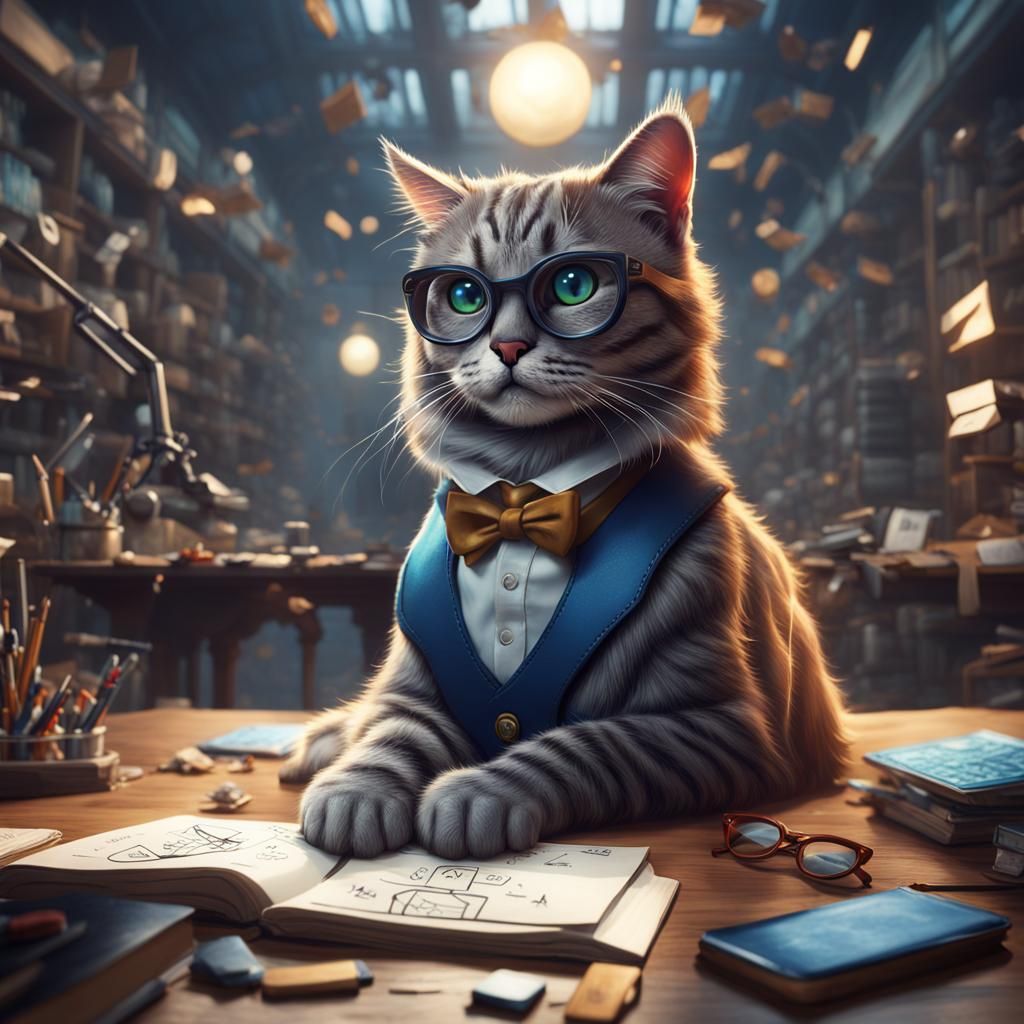 Cool Cat Nerd in Detailed Matte Painting