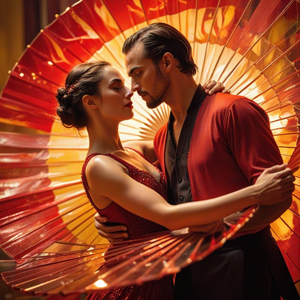 Tango Dancers in Red Glass, Oil Painting