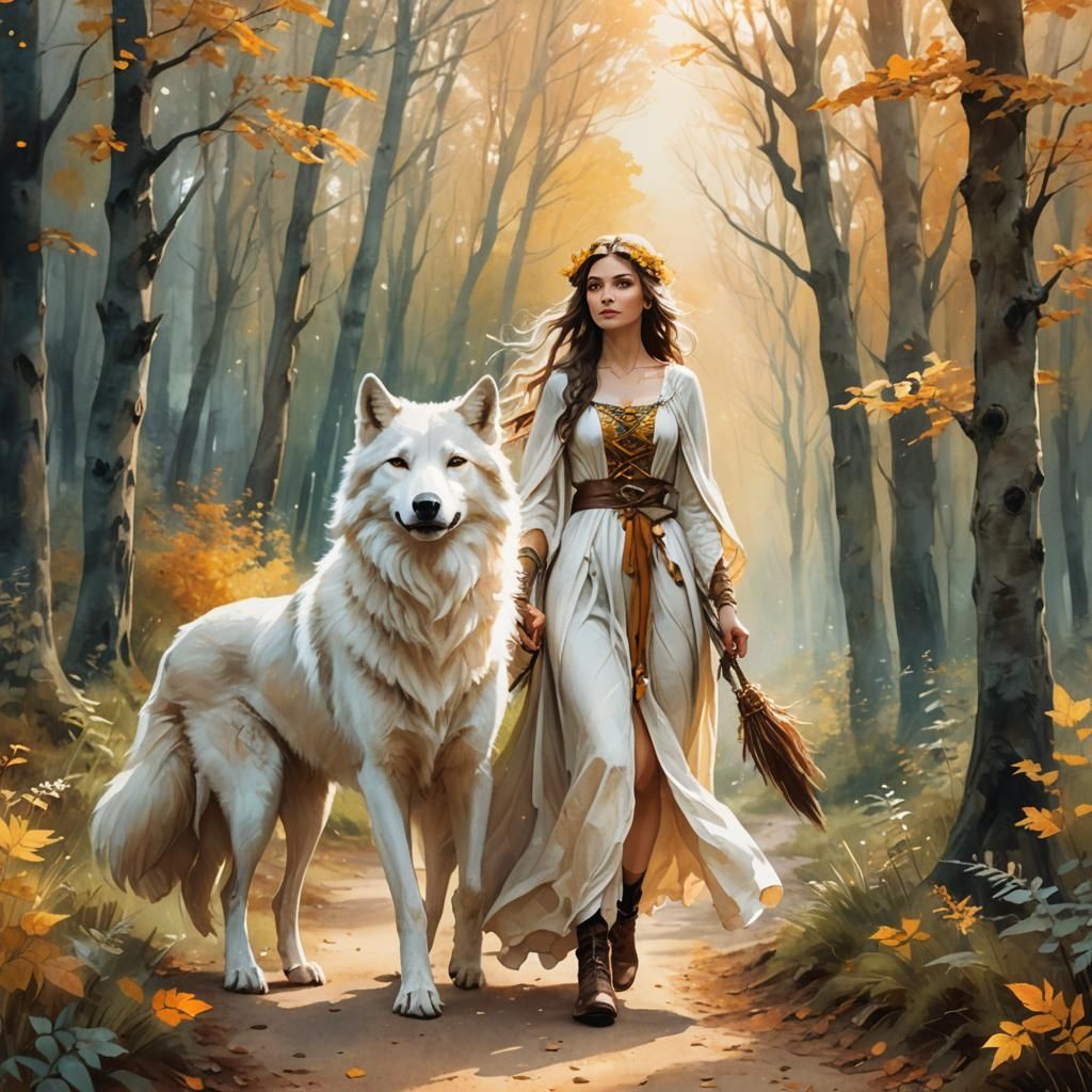 Whimsical Fairy and Wolf in Autumn Fantasy Art
