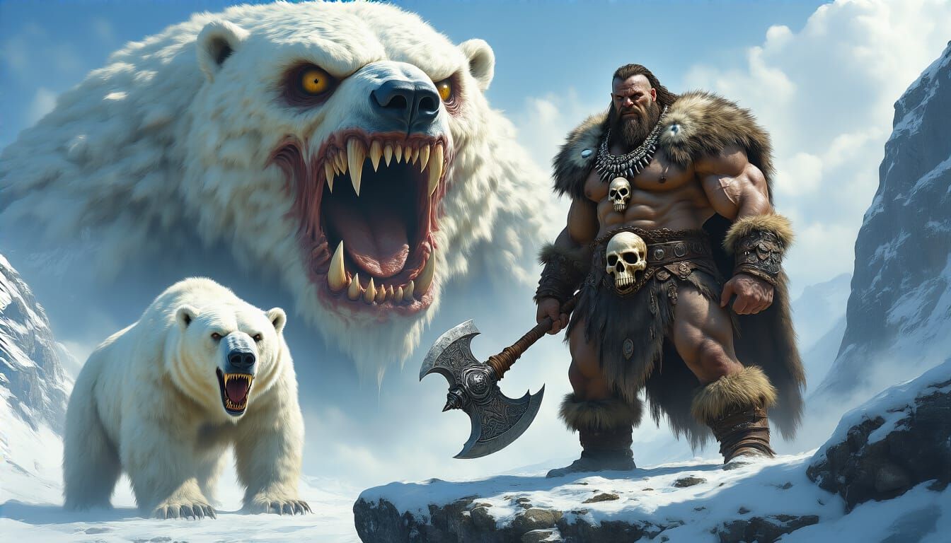 Barbarian and Polar Bear Face Giant Eye in Baroque Style