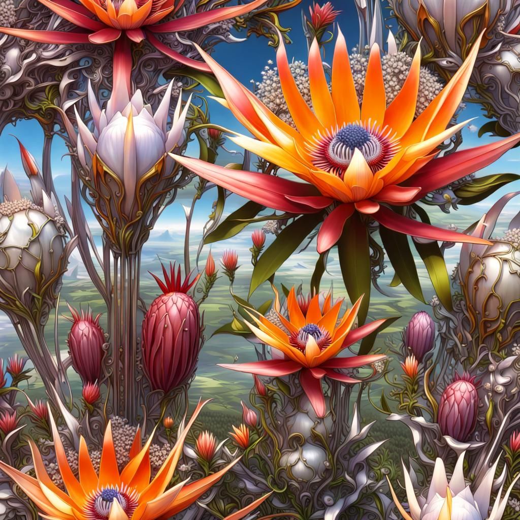 Cybertron Field of Metal Flowers: Hyperdetailed Photorealist...