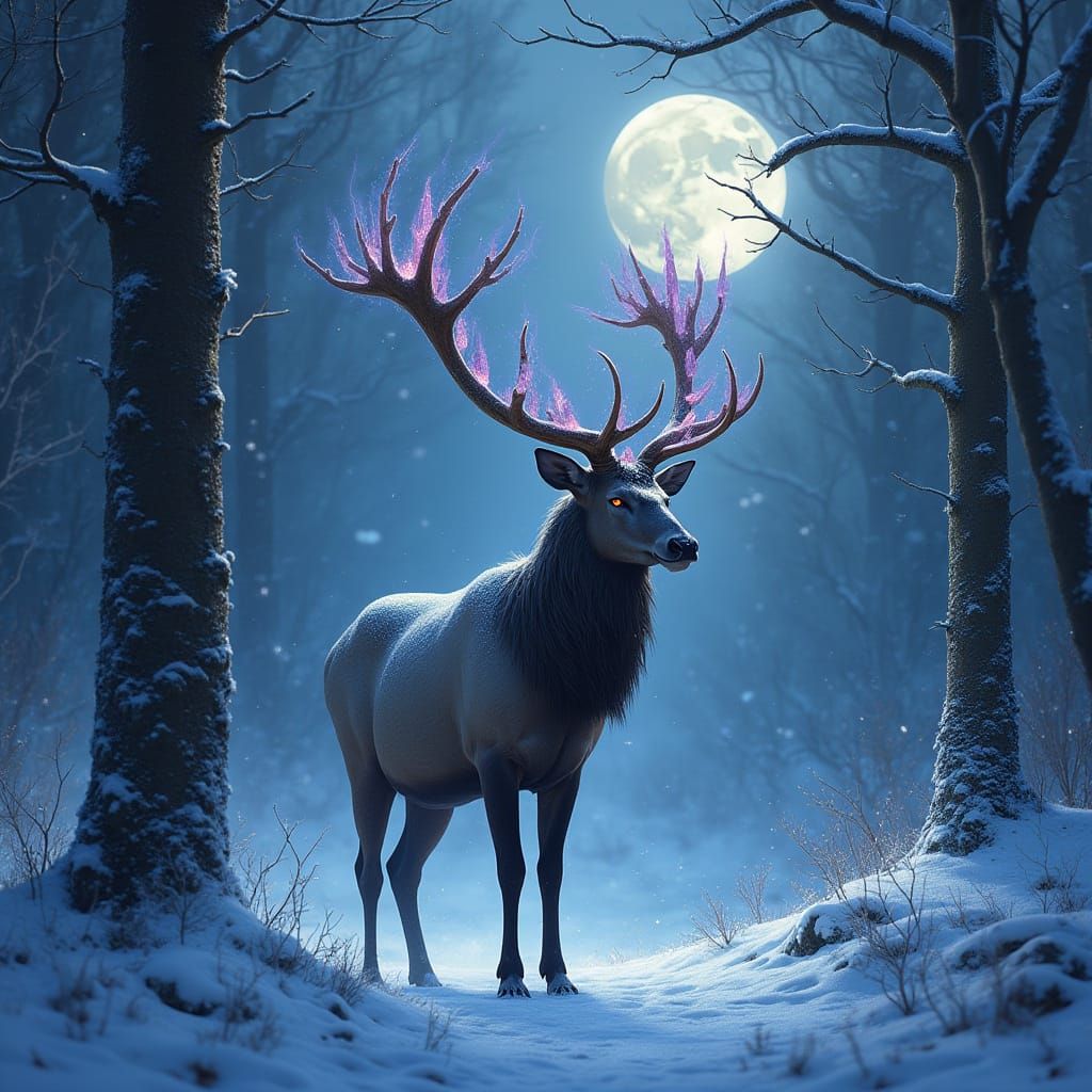 Crystalline Stag in Frozen Forest Clearing
