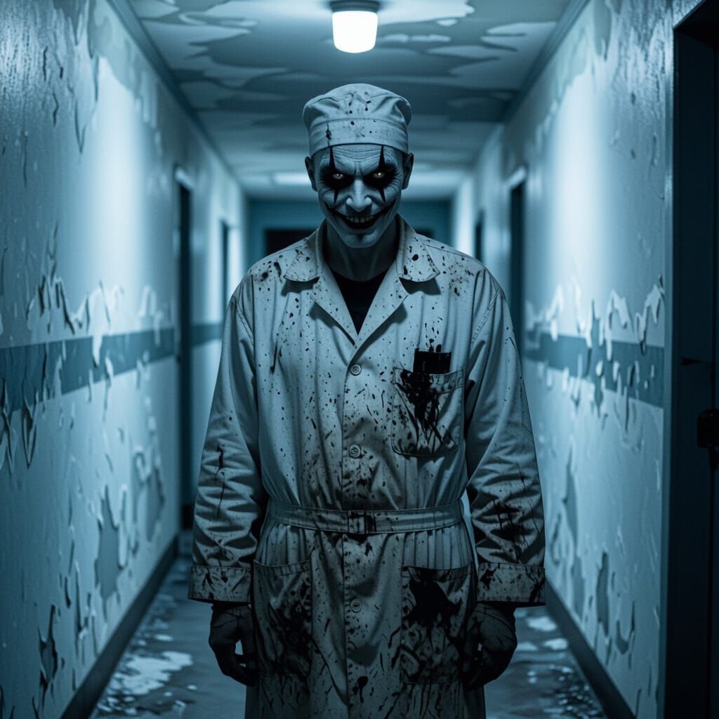 Sinister Janitor in Dim Corridor, a Cinematic Horror Image