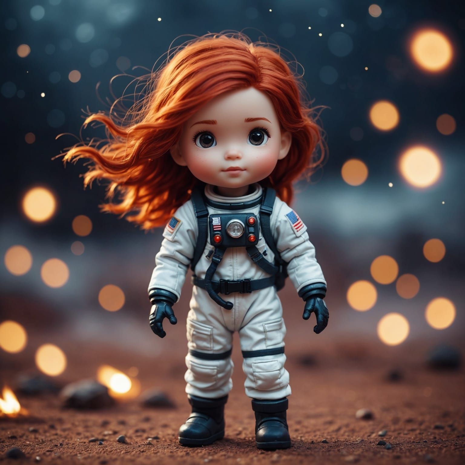 Fiery Storm: Miniature Astronaut Girl in Bokeh