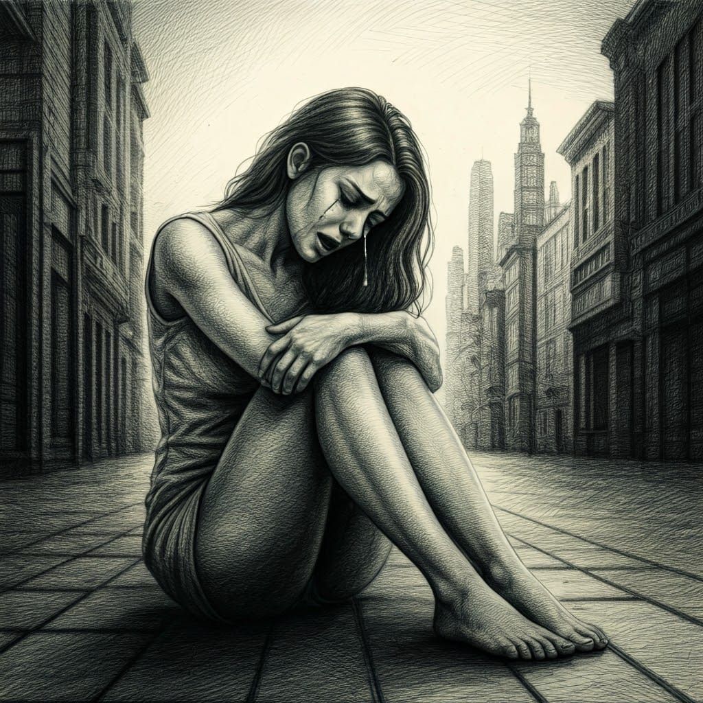 Anguished Woman in Cityscape: Expressionist Graphite Art