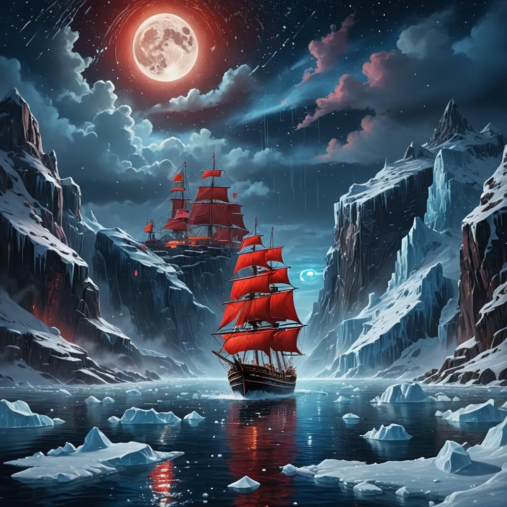 Red Ship Sails Under Blue Moon, Digital Matte Painting