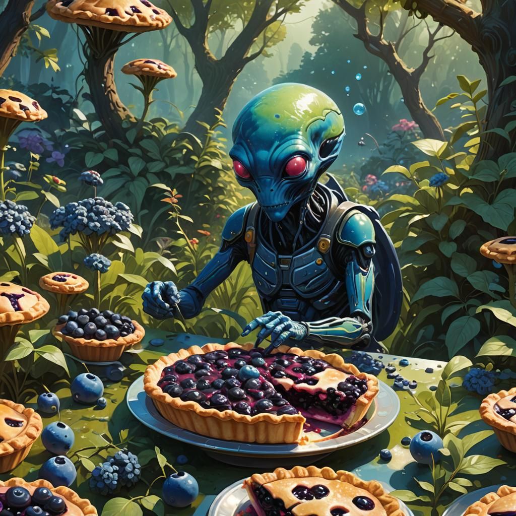 Alien Enjoys Pie in Fantasy Garden