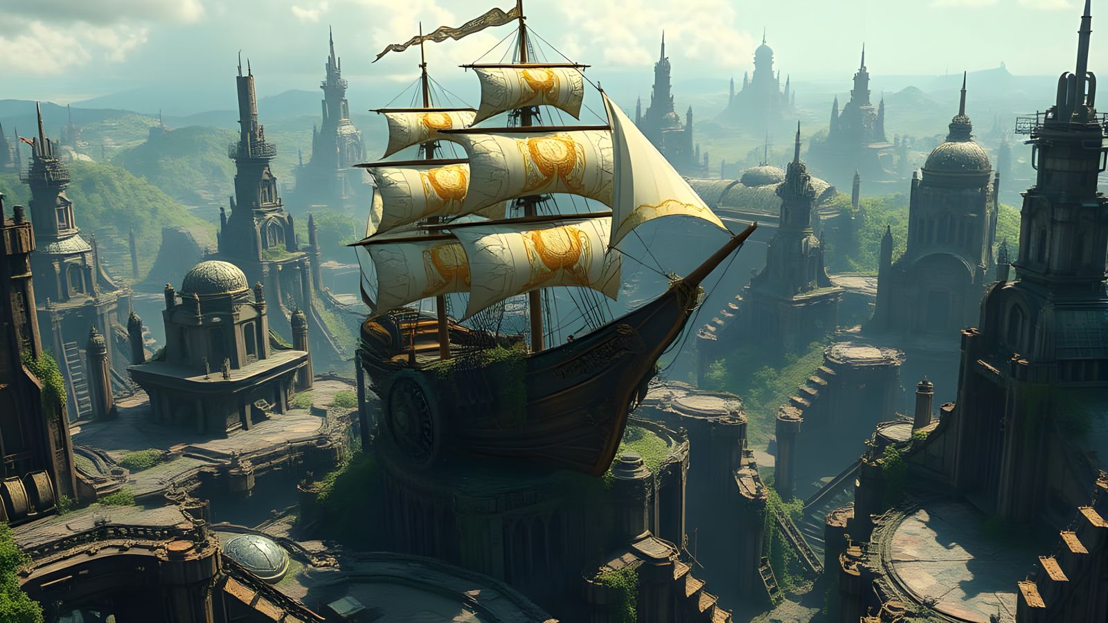 Surreal Spanish Galleon Soars Over Futuristic Ruins in a Fan...