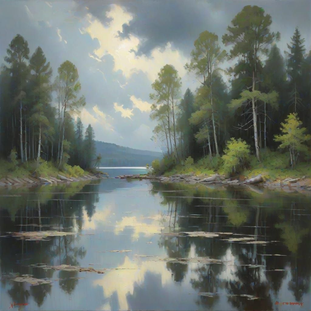 Lakeshore Oil Painting with Soft Light and Reflections