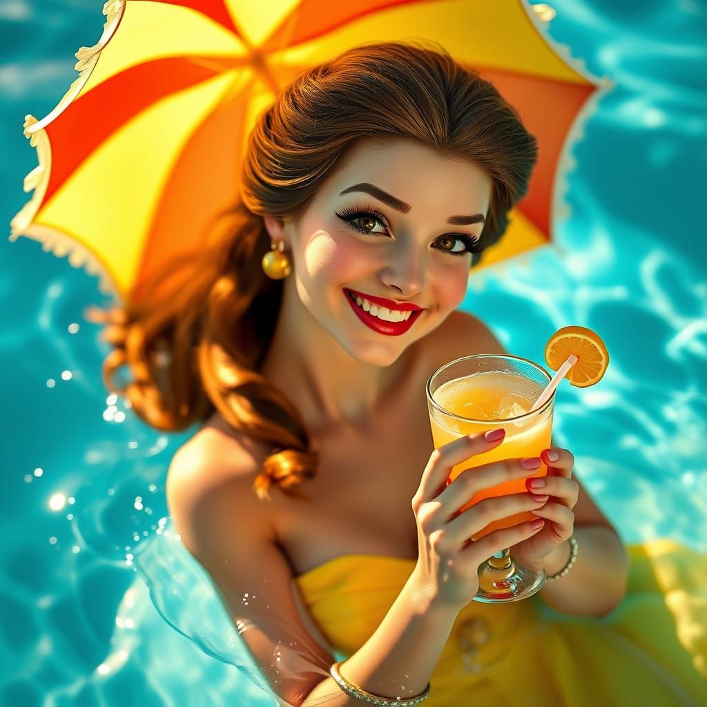 Princess Belle in 1950s Swimsuit with Pina Colada