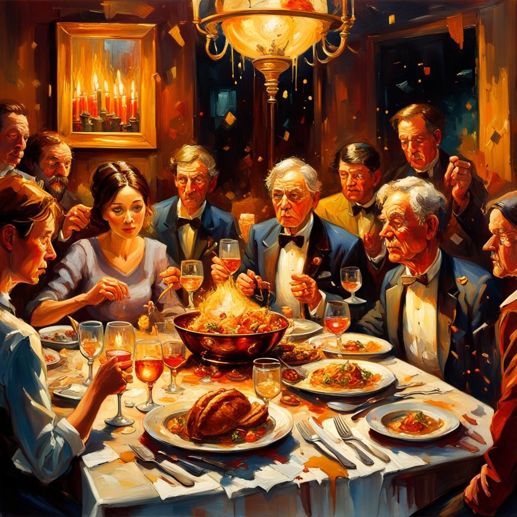 Chaotic Dinner Party in Warm Impressionism Style