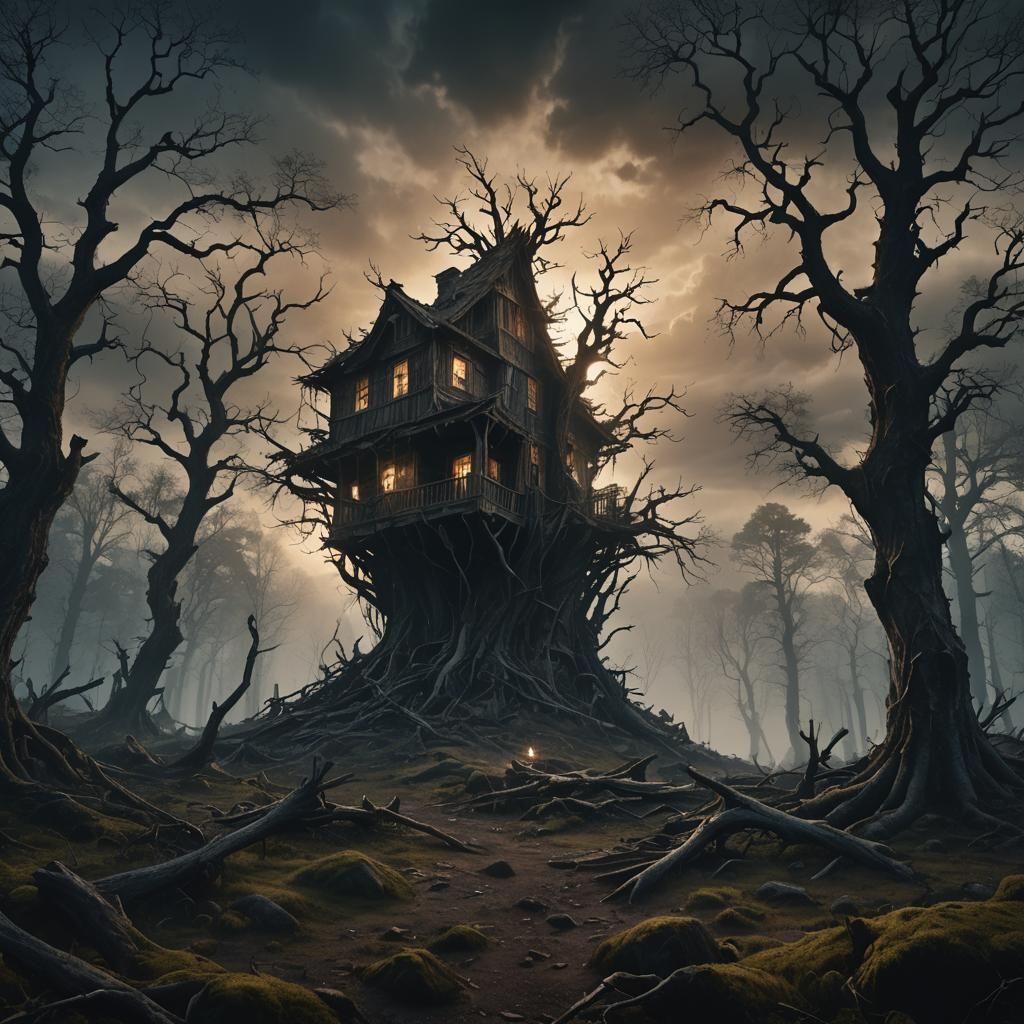 Eerie Desolate Forest in Dimly Lit Twilight Sky