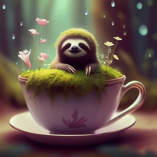 Whimsical Sloth in Enchanted Teacup Forest