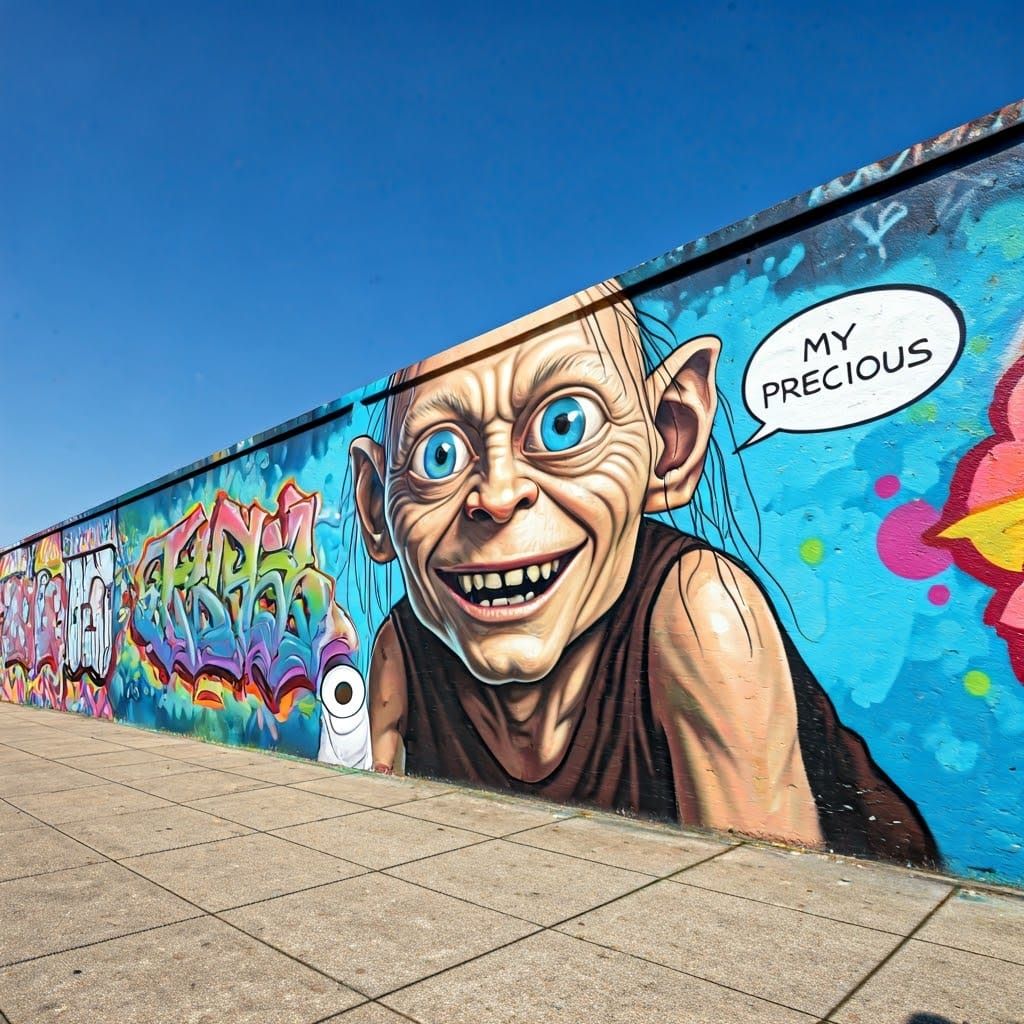 Gollum Graffiti Mural on Colorful Wall