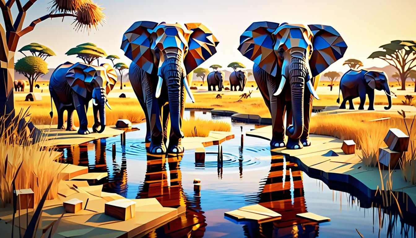 Low-Poly Wooden Elephants on the African Plain