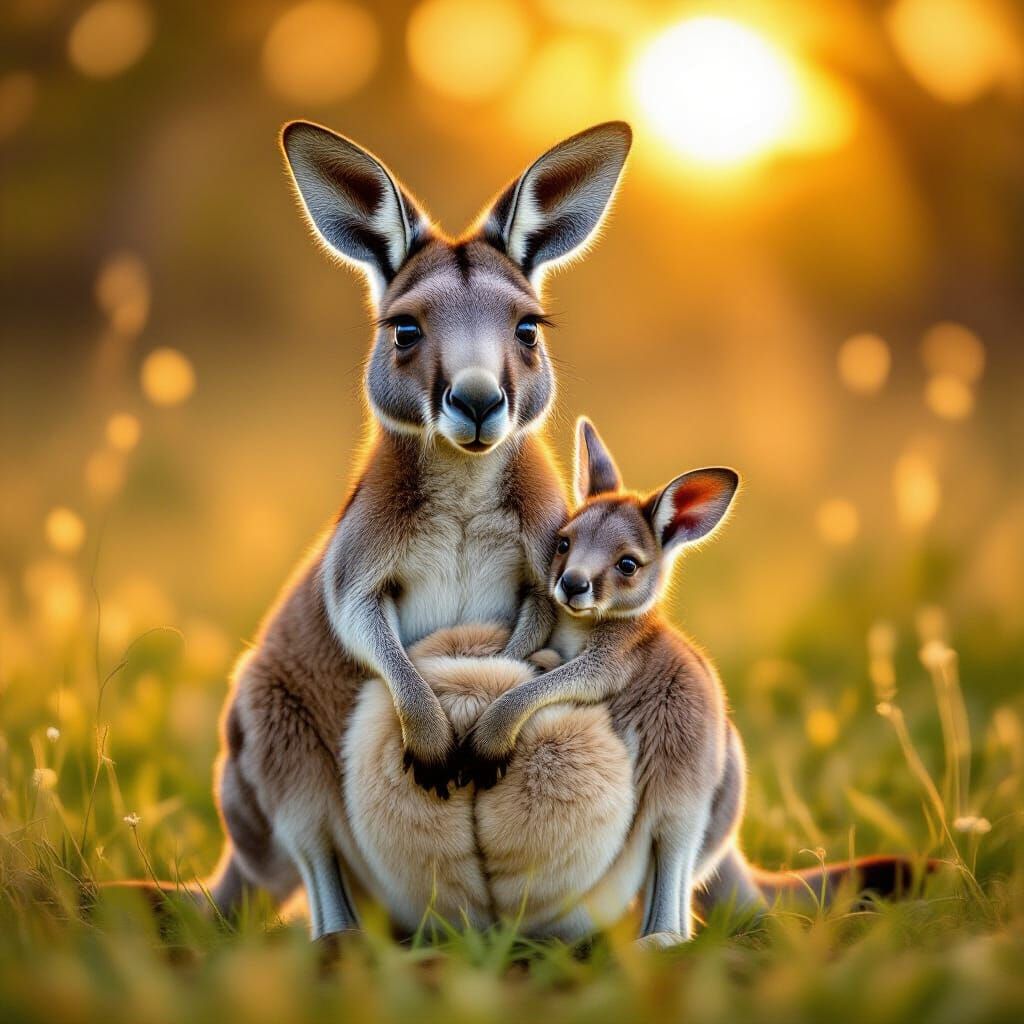 Joyful Kangaroo and Baby in Golden Hour Light