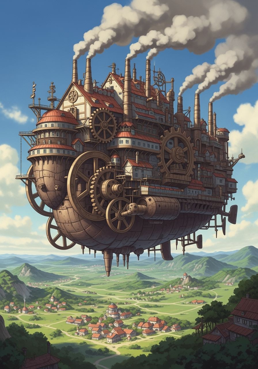 Floating Factory in Anime Style, Ghibli Inspiration