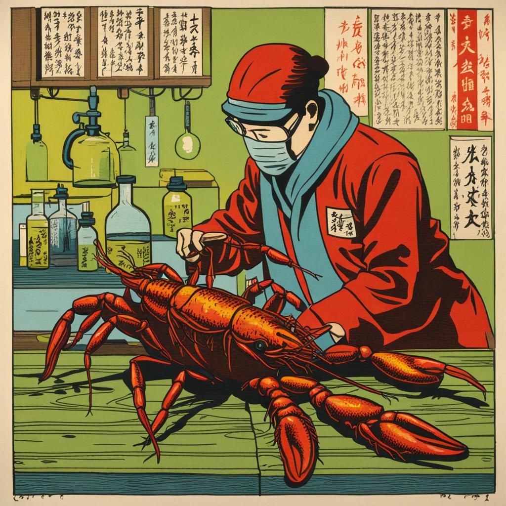 Crawfish Scientist in Lab, Ukiyo-e Woodblock Print