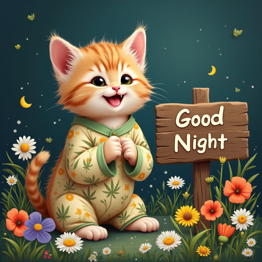 Smiling Kitten in Pajamas Surrounded by Wildflowers