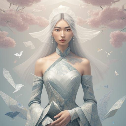 Serene Origami Scene with Giona and Delicate Paper Folds