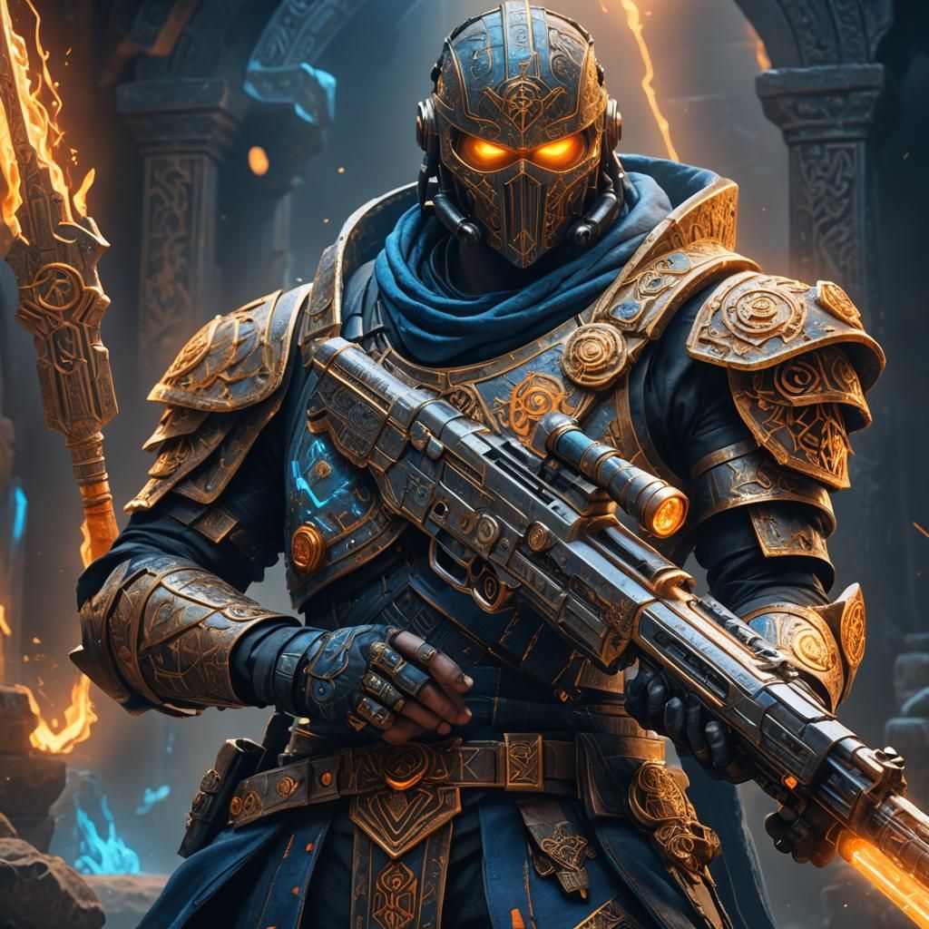 Heroic Warrior Wields Ancient Energy Gun Amidst Mystic runes