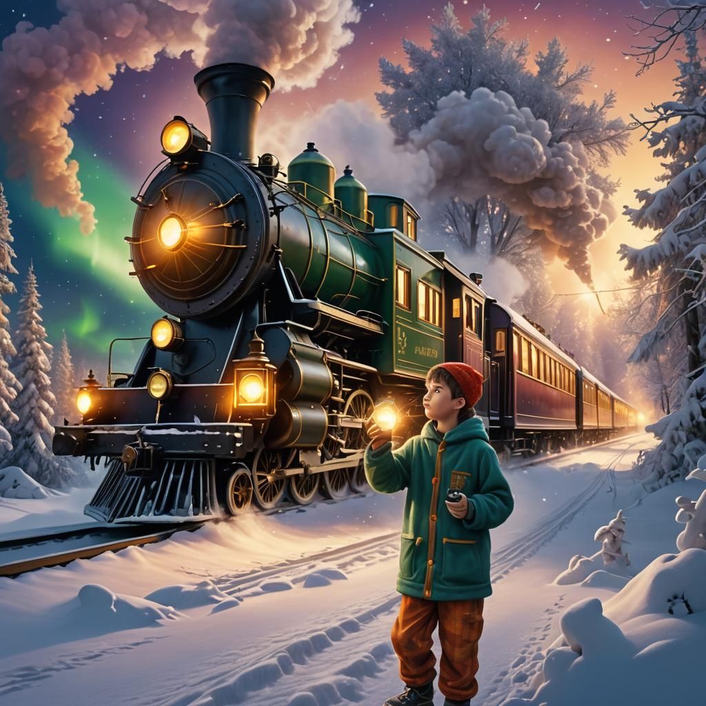 Boy and Steam Train in Snowy Landscape