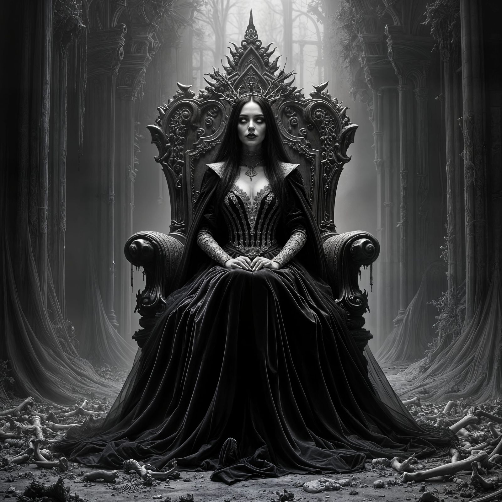 Gothic Vampire Queen on Bone Throne in Decaying Cathedral