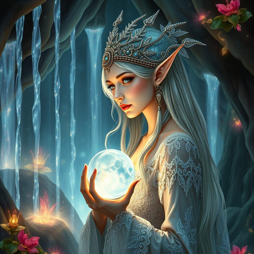 Elven Queen in Mystical Grotto with Shimmering Moonlight and...