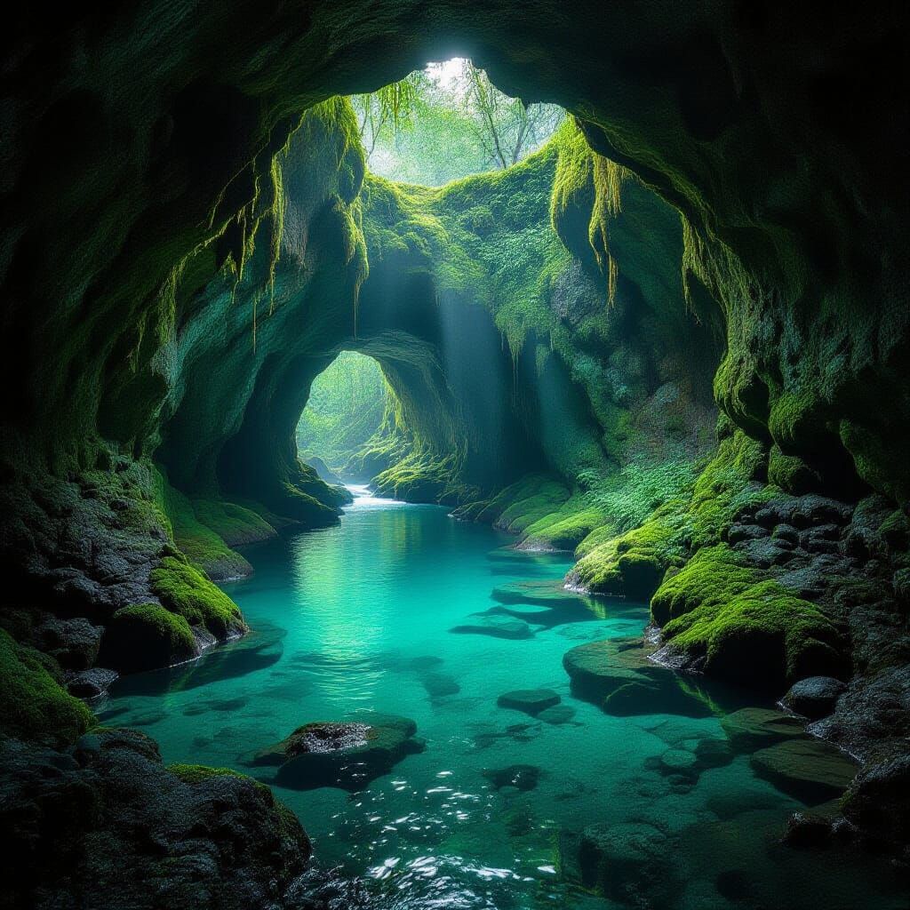 Mysterious Cave Entrance with Bioluminescent Flora and Under...