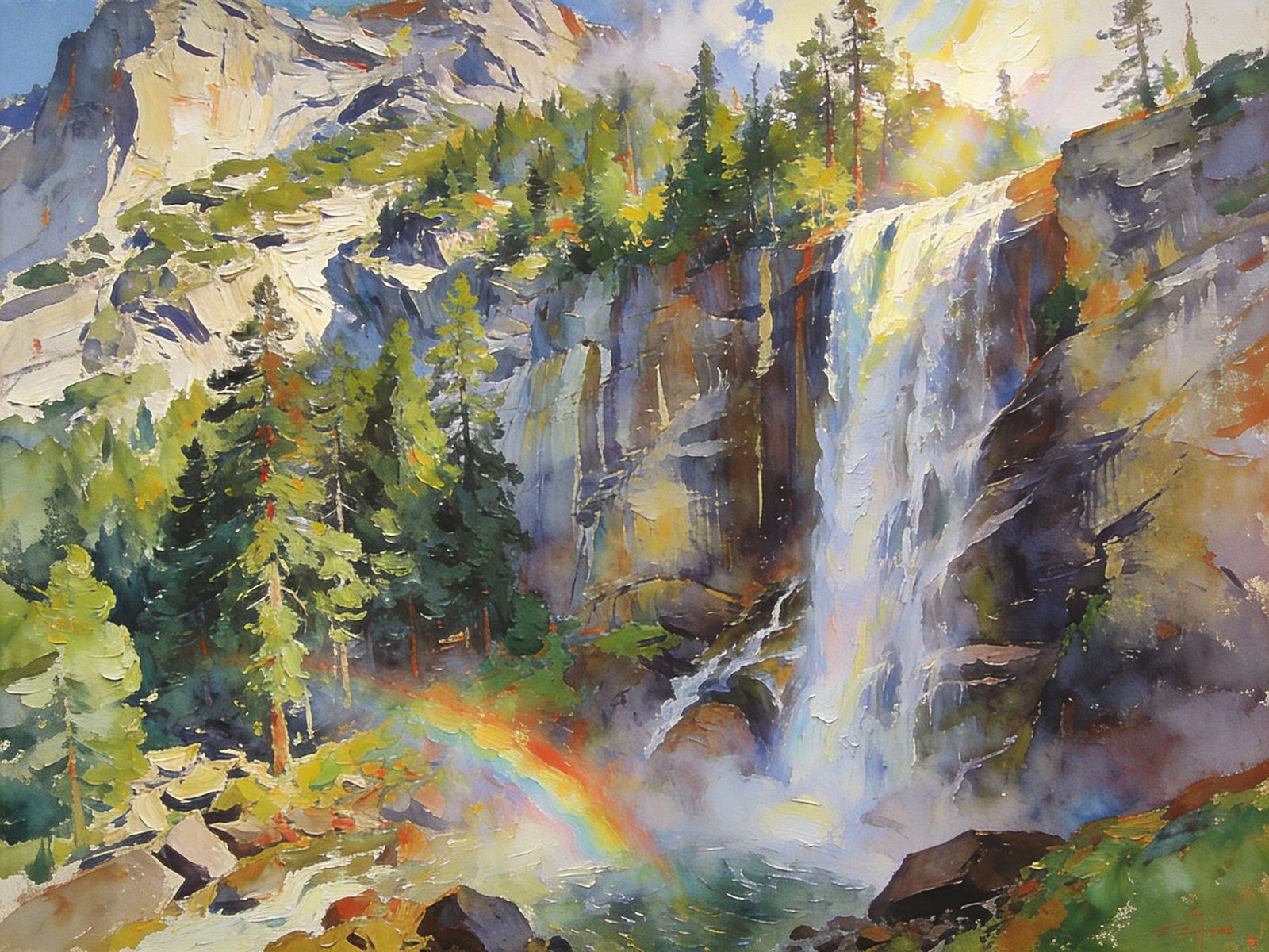 Epic Yosemite Waterfall in Thick Gouache Style