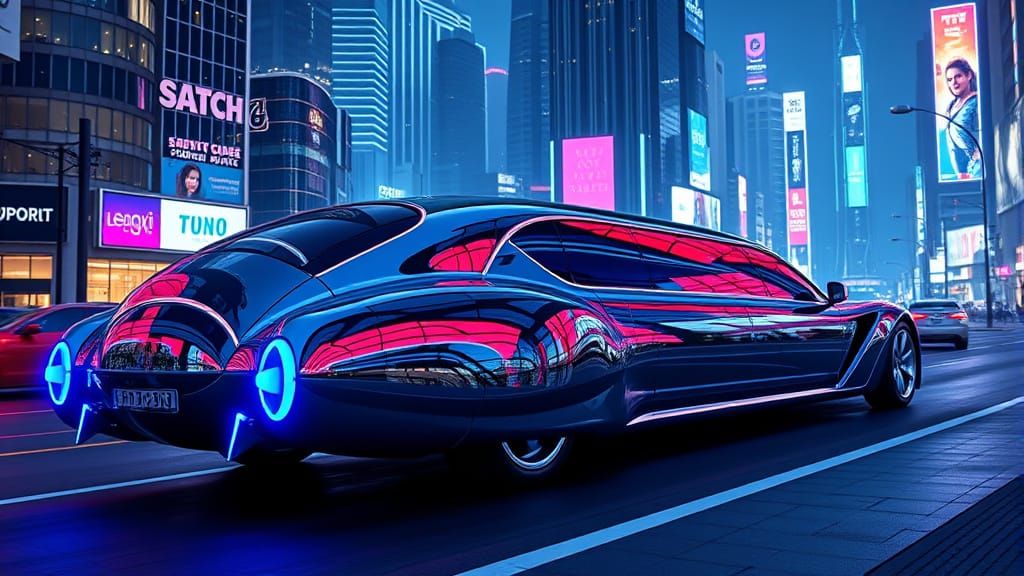 Sleek, Chrome-Plated Futuristic Limousine Speeds Down Neon C...