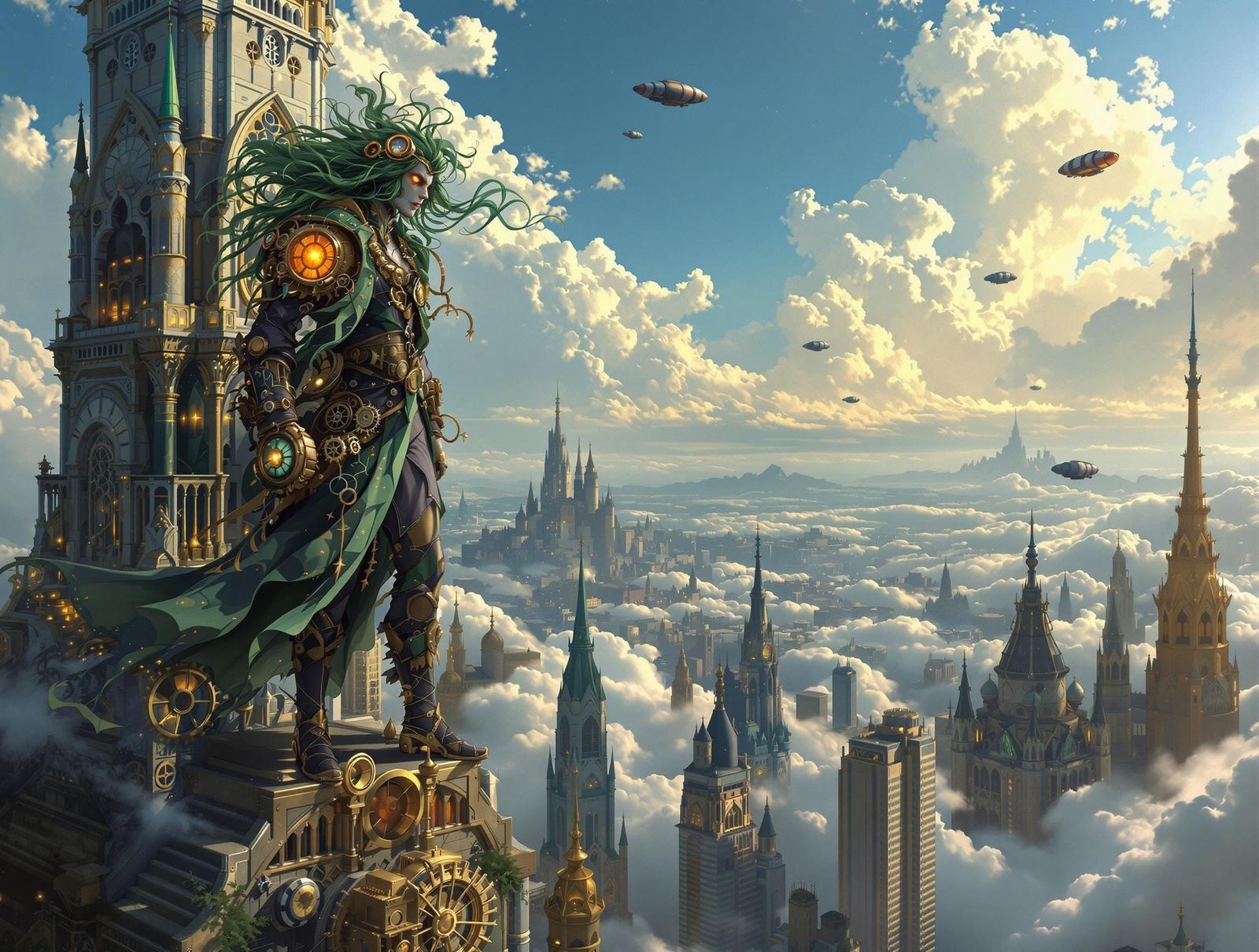Steampunk Druid on Skyscraper, Art Nouveau Style