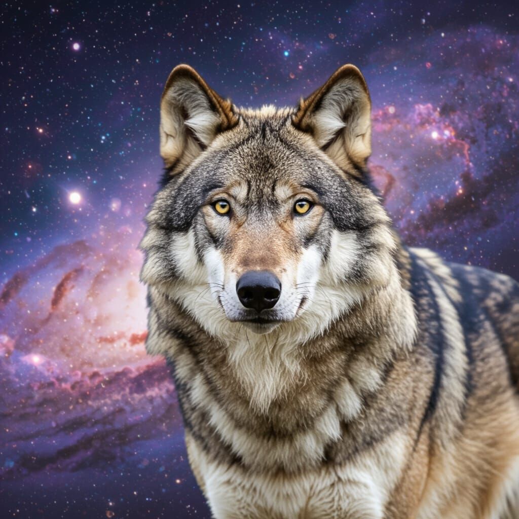 Wolf Against a Stunning Galaxy Background