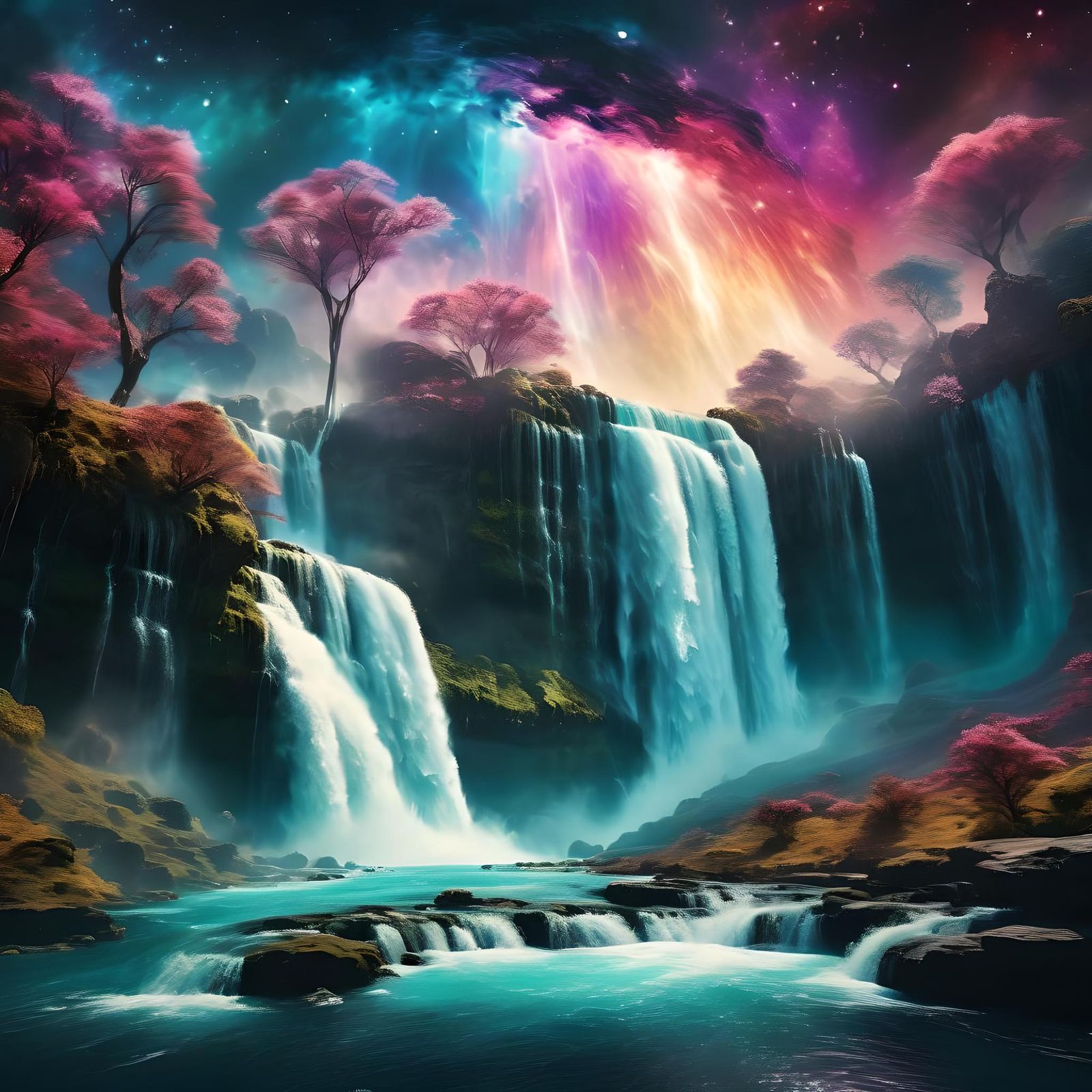 Galactic Waterfalls in Epic Fantasy Dreamscape