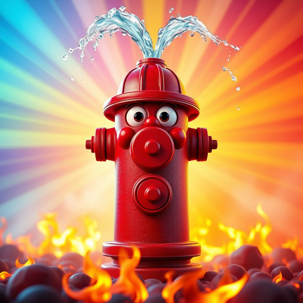 Joyful Fire Hydrant Sprays Water: 3D Digital Art
